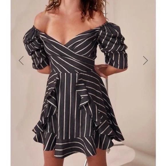 NWT C/MEO Collective Striped Puff Sleeve Mini Dress - Picture 3 of 8